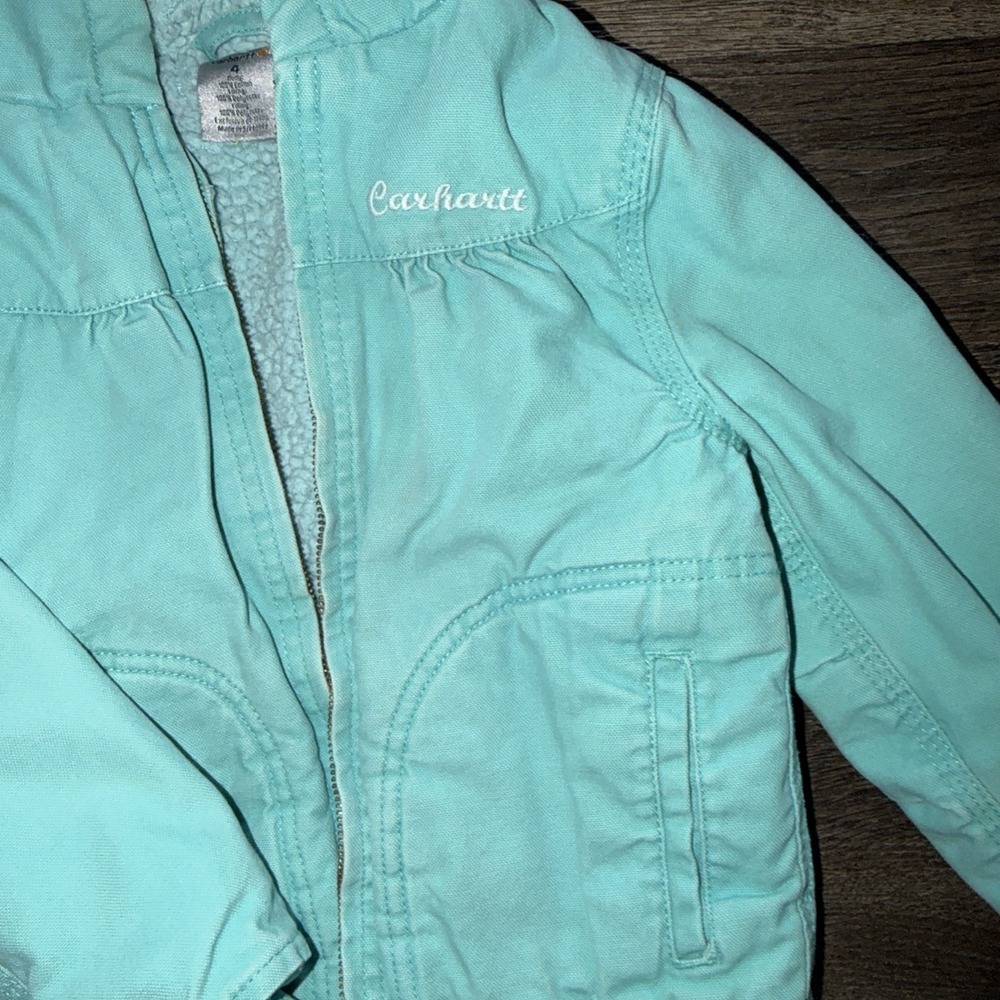 VTG Blue Carhartt Youth Kids Sherpa Lined Hooded Zip Up Jacket Size 4 Toddler - Picture 4 of 5